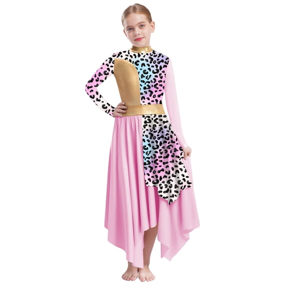 Miutii Kids Girls Lyrical Dance Dress Patchwork Printed Tunics Irregular Long Gowns Worship Praise Dancewear Pink 16