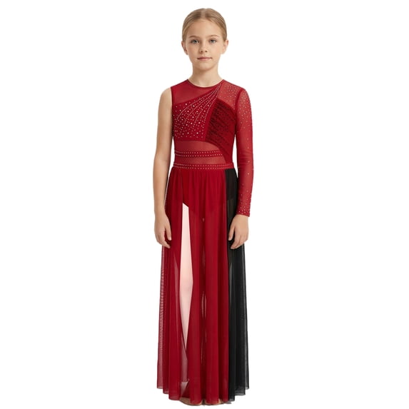 Miutii Kids Girls Lyrical Dance Dress Rhinestone color Block Leotard with Sheer Mesh Split Skirt Dance Clothes Burgundy 10