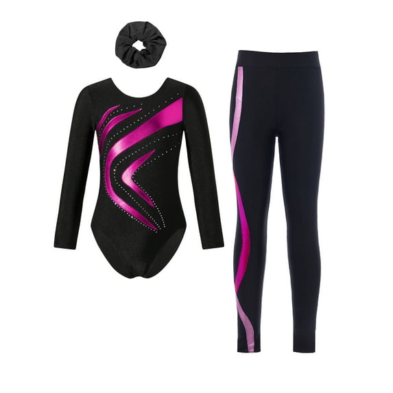 Miutii Kids Girls Lyrical Gymnastics Leotard Clothing Sets Long Sleeve Jumpsuits with Legging Hairband Sportwear Hot Pink 6