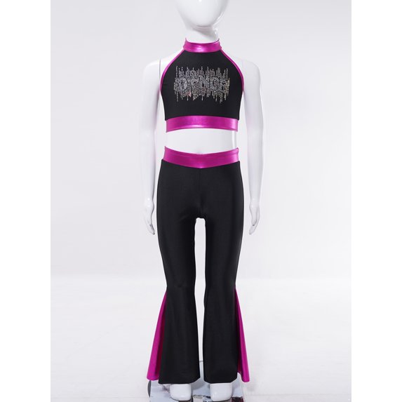 Miutii Kids Girls Modern Dance Outfits Shiny Rhinestone Crop Top and Jazz Flared Pants Stage Hot Pink 16