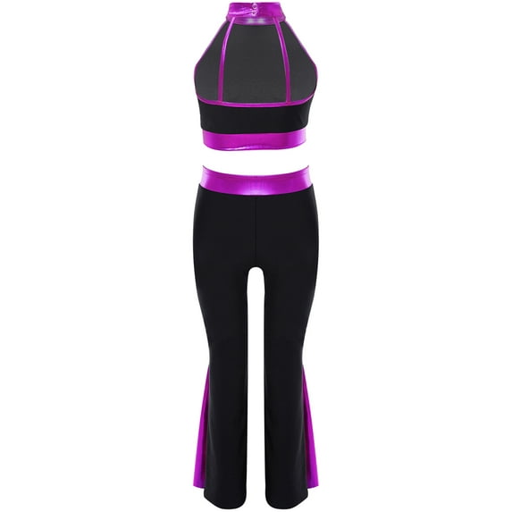 Miutii Kids Girls Modern Dance Outfits Shiny Rhinestone Crop Top and Jazz Flared Pants Stage Purple 6