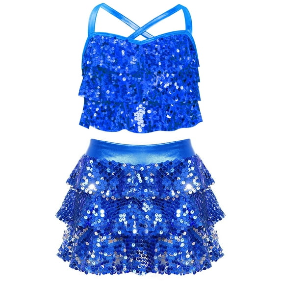 Miutii Kids Girls Modern Jazz Hip Hop Cheerleading Dance Outfits Sequin Camisole Crop Tops with Skirt Set Dancewear Blue 6