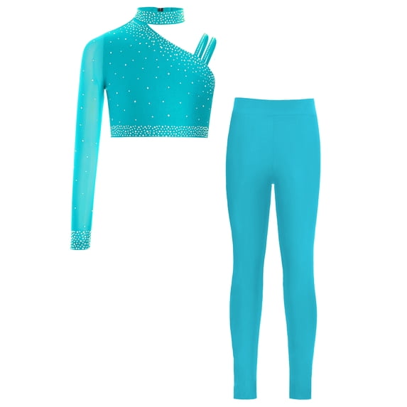 Miutii Kids Girls Modern Jazz Latin Dance Outfits Sparkly Irregular Shoulder Crop Tops with Leggings Trousers Set Blue Green 16