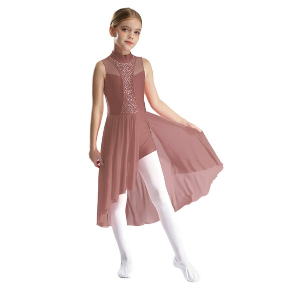 Miutii Kids Girls Modern Lyrical Dancewear Sparkly Rhinestone Figure Skating Bodysuit Ballet Dance Leotard Dress Dusty Pink 6