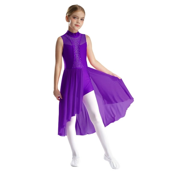 Miutii Kids Girls Modern Lyrical Dancewear Sparkly Rhinestone Figure Skating Bodysuit Ballet Dance Leotard Dress Purple 8