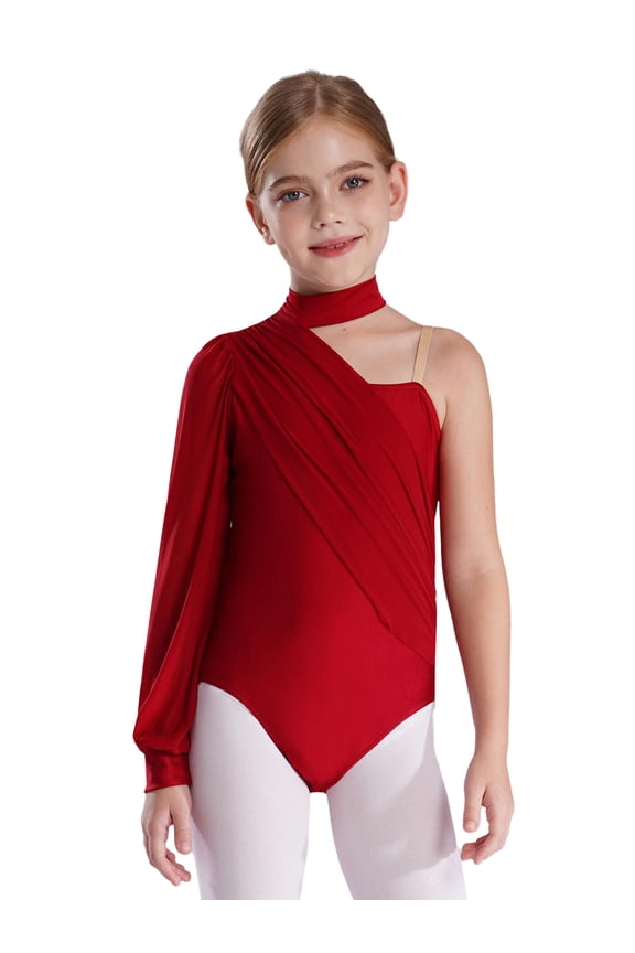 Kids Girls One Shoulder Long Sleeve Ballet Dance Leotard Skating Gymnastics Unitard Jumpsuit Dancewear Burgundy 6
