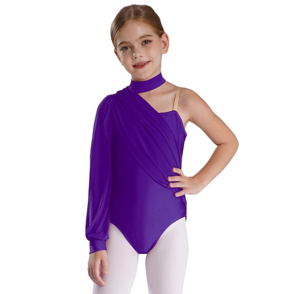 Miutii Kids Girls One Shoulder Long Sleeve Ballet Dance Leotard Skating Gymnastics Unitard Jumpsuit Dancewear Dark Purple 16