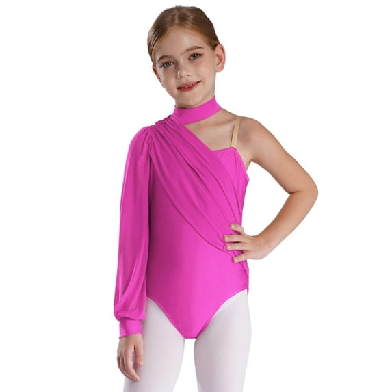 Miutii Kids Girls One Shoulder Long Sleeve Ballet Dance Leotard Skating Gymnastics Unitard Jumpsuit Dancewear Hot Pink 14