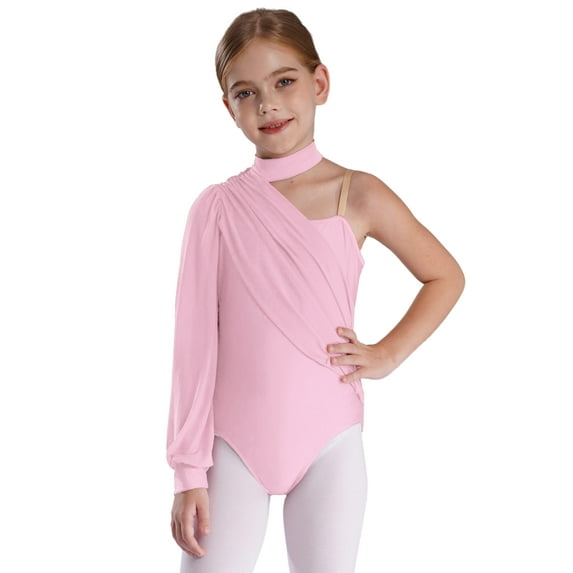 Miutii Kids Girls One Shoulder Long Sleeve Ballet Dance Leotard Skating Gymnastics Unitard Jumpsuit Dancewear Pink 10