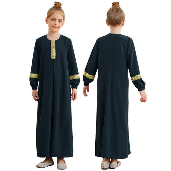 Miutii Kids Girls Prayer Muslim Islamic Dress Church Robe Long Sleeve Abaya Praise Dance Dress Navy Blue 14