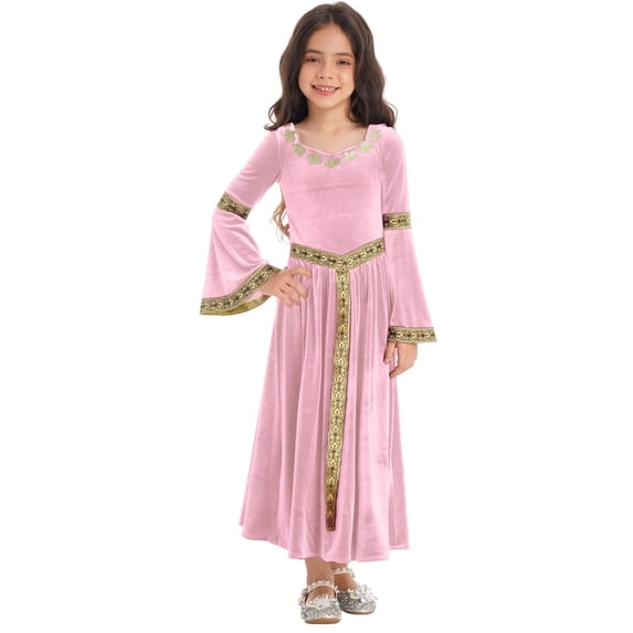 Miutii Kids Girls Renaissance Princess Dress Medieval Outfit Role-play Long Flare Sleeve Velvet Dress Up Pink 12