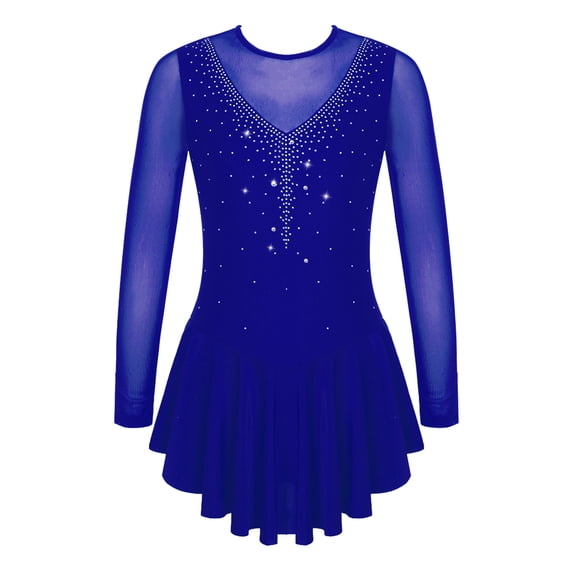 Miutii Kids Girls Rhinestone Mesh Spliced Figure Ice Skating Dress Ballet Tutu Leotard Dress Competition Costume Royal Blue 6