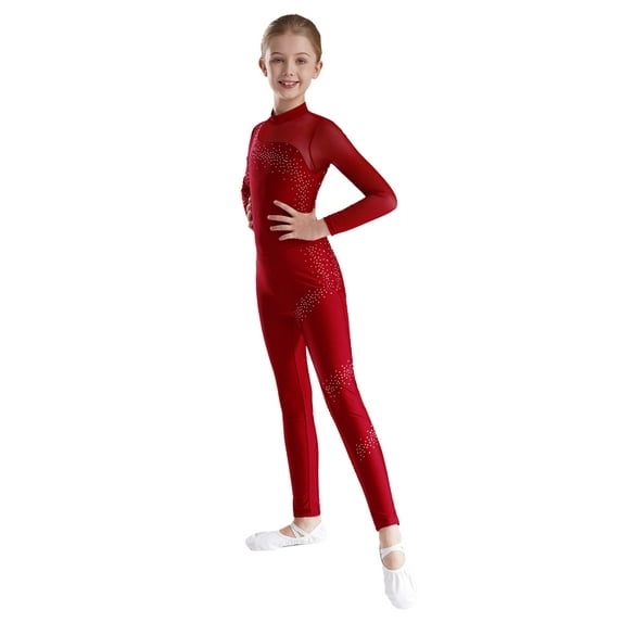 Miutii Kids Girls Rhinestones Long Sleeves Full Body Jumpsuit Romper Leotard Gymnastics Unitards Dancewear Burgundy 12