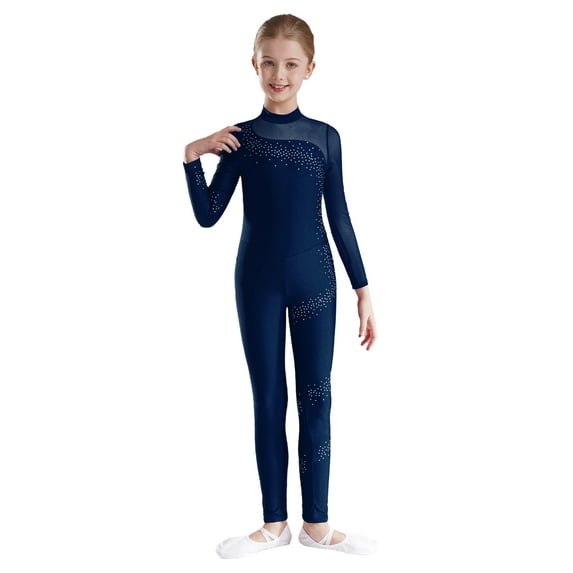 Miutii Kids Girls Rhinestones Long Sleeves Full Body Jumpsuit Romper Leotard Gymnastics Unitards Dancewear Navy Blue 12