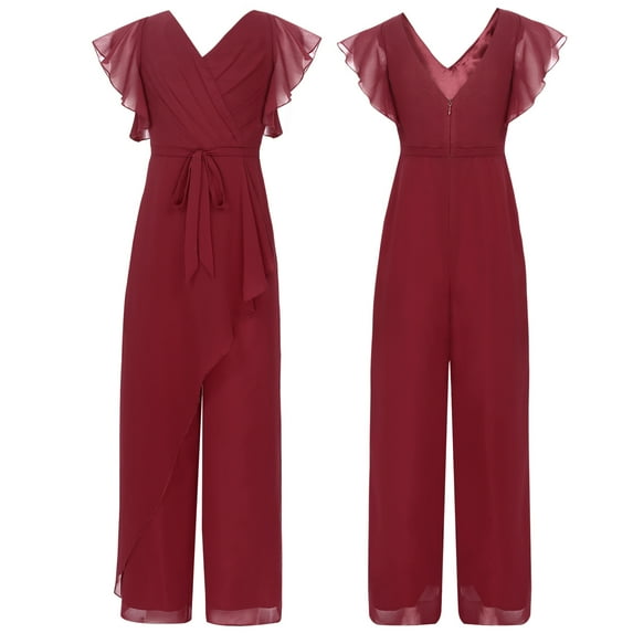 Miutii Kids Girls Ruffled Short Sleeve Party Bodysuit Rompers V Neck Chiffon High Waist Wide Leg Burgundy 10