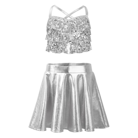 Miutii Kids Girls Salsa Samba Rumba Latin Jazz Dance Outfits Sequins Camisole Crop Top and Skirt Set for Competition Silver 14