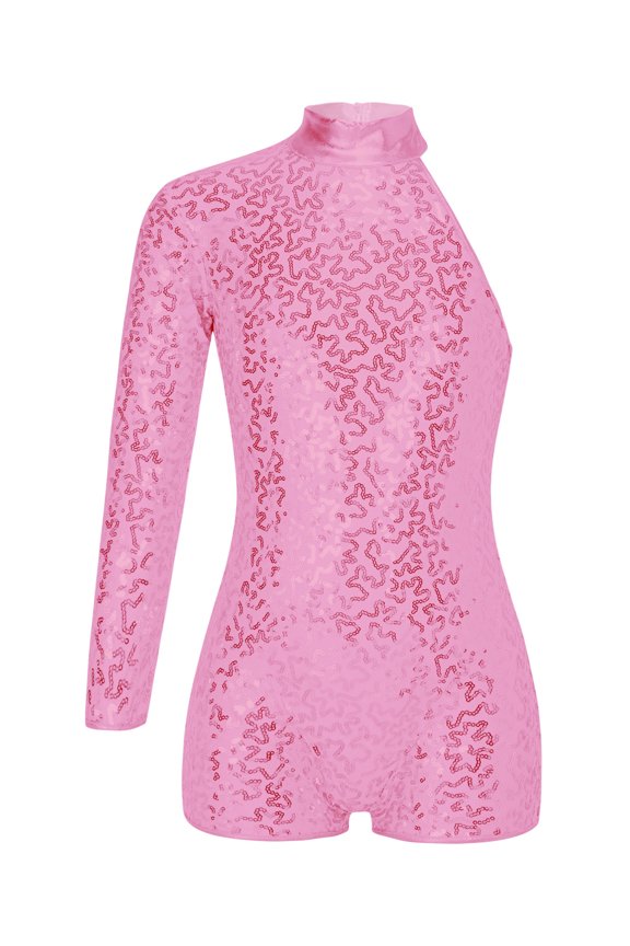 Kids Girls Sequin Gymnastic Leotard One Shoulder Long Sleeve Biketard Ballet Dance One Piece Pink 6