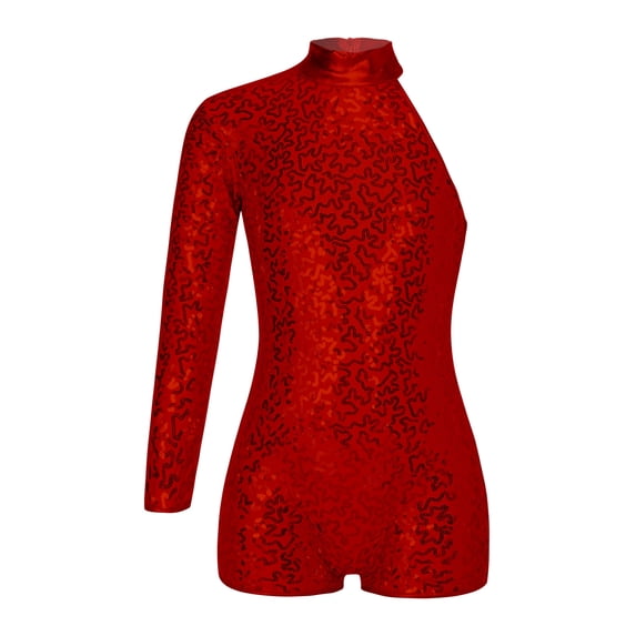 Miutii Kids Girls Sequin Gymnastic Leotard One Shoulder Long Sleeve Biketard Ballet Dance One Piece Red 10