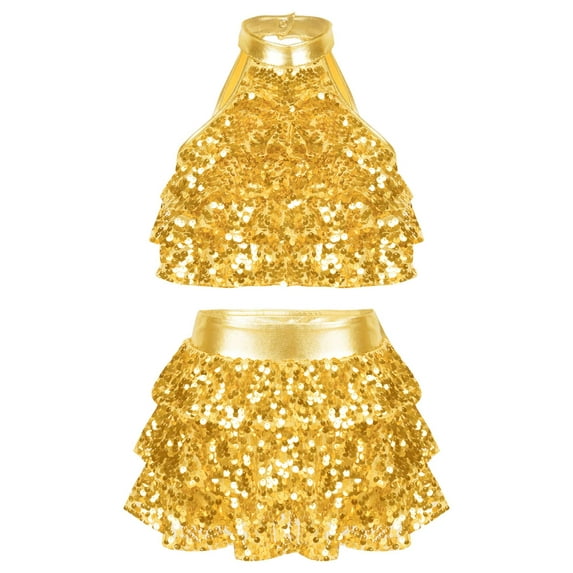 Miutii Kids Girls Sequin Metallic Crop Top with Skirt Set Jazz Latin Dance Outfits 2 Piece Dancewear Gold 15-16
