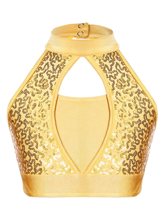 Kids Girls Sequins Ballet Dance Crop Top Yoga Sports Fancy Party Performance Vest Top Dancewear Costume Yellow 12