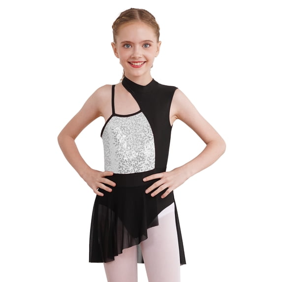 Miutii Kids Girls Sequins Contemporary Lyrical Dance Dress Ballet Gymnastic Skirt Leotard Dancewear Silver 14