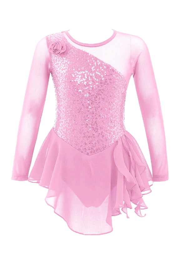 Kids Girls Sequins Figure Ice Skating Dress Mesh Gymnastics Leotard Ballet Lyrical Dancewear Pink 8