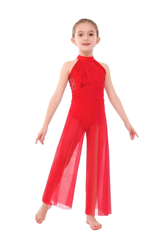 Kids Girls Sequins Figure Skating Jumpsuit Sleeveless Halter Neck Mesh Overlay Lyrical Dance Bodysuit Red 16