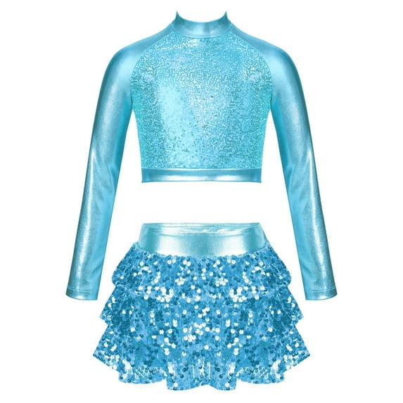 Miutii Kids Girls Sequins Long Sleeve Crop Top with Skirted Shorts for Jazz Hip Hop Modern Dance Competition Light Blue 10