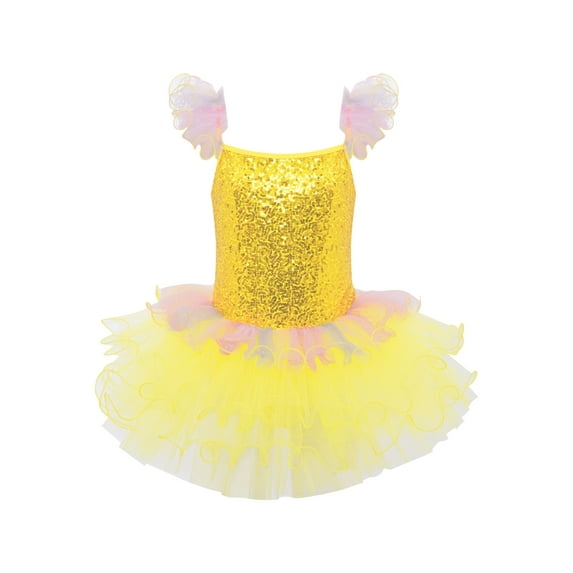 Miutii Kids Girls Sequins Ruffled Sleeve Modern Jazz Latin Ballet Tutu Dress Ballroom Performance Dancewear Yellow 7-8