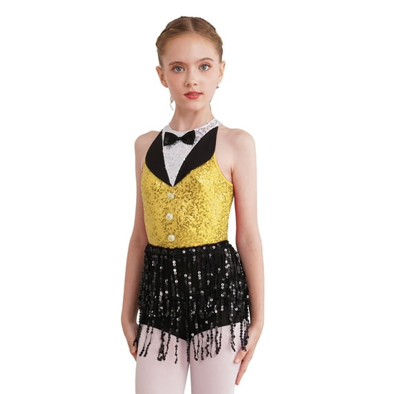 Miutii Kids Girls Sequins Tassel Ballroom Latin Modern Jazz Dance Dress Tuxedo Costume Dancewear Yellow 16