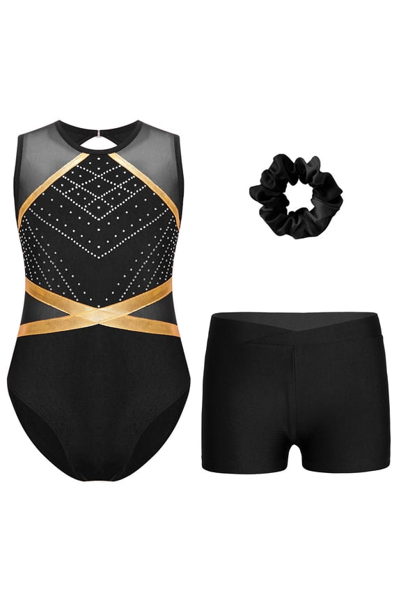 Kids Girls Shiny Diamond Gymnastics Leotard Athletic Skating Dance Unitard with Shorts Hair Scrunchies Set Black 6