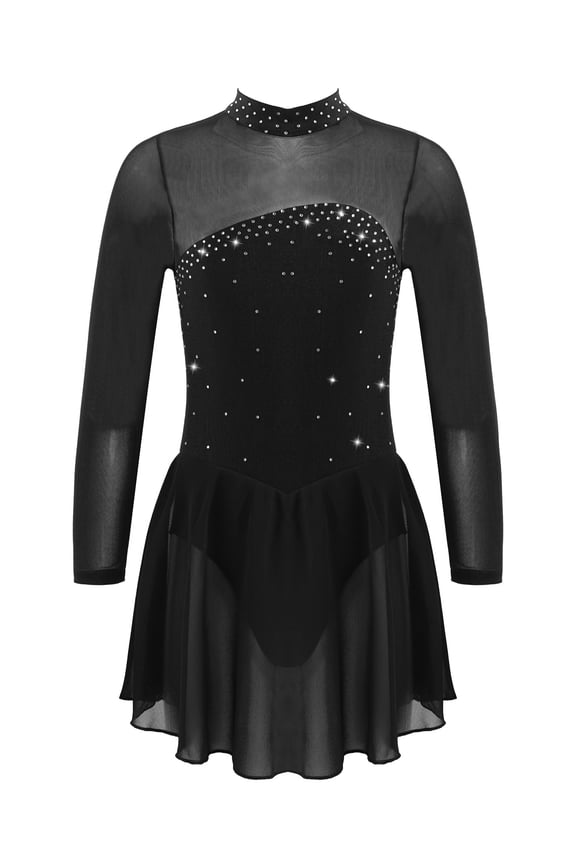 Kids Girls Shiny Figure Ice Skating Dress Youth Mock Neck Long Sleeve Turtleneck Performance Dancing Costume Black 8