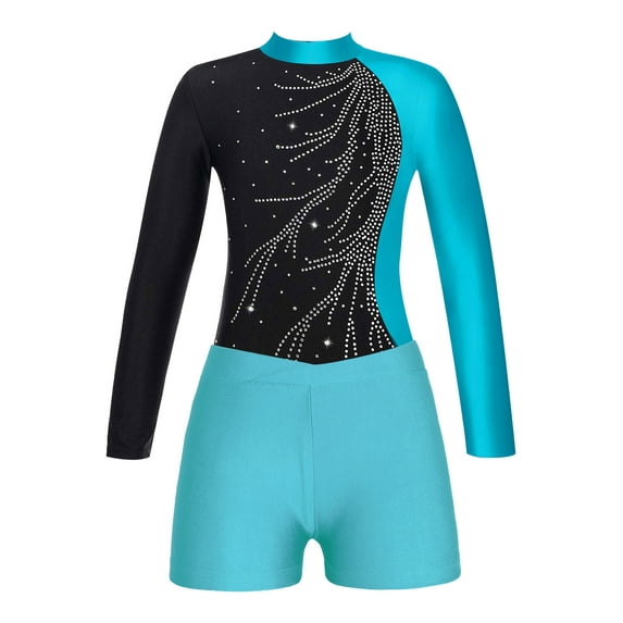 Miutii Kids Girls Shiny Long Sleeve Gymnastic Dance Leotard Unitard Bodysuit with Yoga Shorts Set Sports Tracksuit Blue Green 6