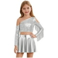 thumbnail image 1 of Miutii Kids Girls Shiny Metallic Jazz Dance Outfits Sparkle Sequins Tassels Crop Tops with Flared Skirt Set Silver 10, 1 of 7