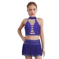 thumbnail image 1 of Miutii Kids Girls Shiny Rhinestone Crop Top and Fringe Skirt Tassel Latin Salsa Rumba Dance Dress 2 Piece Outfit Purple 6, 1 of 5