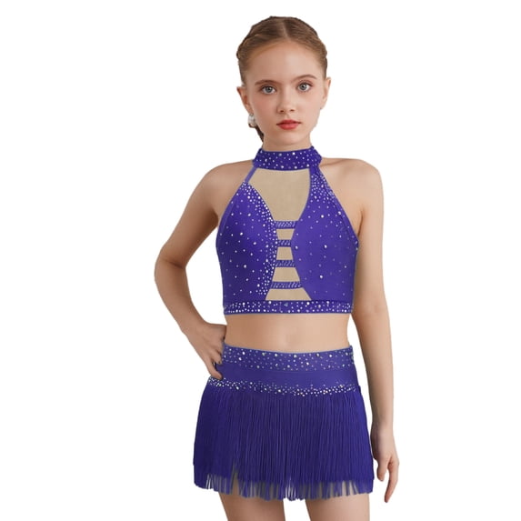 Miutii Kids Girls Shiny Rhinestone Crop Top and Fringe Skirt Tassel Latin Salsa Rumba Dance Dress 2 Piece Outfit Purple 6