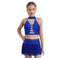 thumbnail image 1 of Miutii Kids Girls Shiny Rhinestone Crop Top and Fringe Skirt Tassel Latin Salsa Rumba Dance Dress 2 Piece Outfit Royal Blue 14, 1 of 5