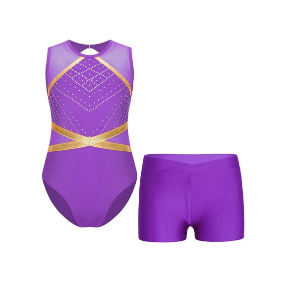 Miutii Kids Girls Shiny Rhinestone Gymnastics Leotard Dance Bodysuit with Yoga Sports Shorts Sportswear Purple 8