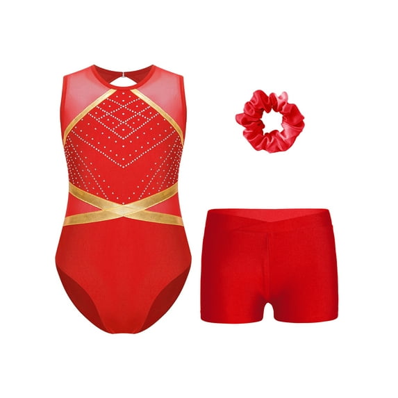 Miutii Kids Girls Shiny Diamond Gymnastics Leotard Athletic Skating Dance Unitard with Shorts Hair Scrunchies Set Red 16