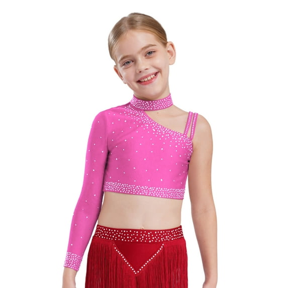 Miutii Kids Girls Shiny Rhinestone Irregular Shoulder Lyrical Jazz Ballet Dance Crop Tops Athletic Yoga Sports Skating Shirts Hot Pink 14