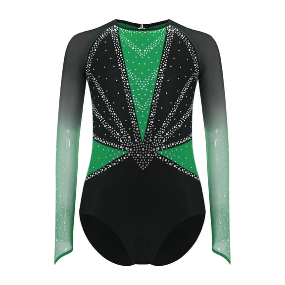 Miutii Kids Girls Shiny Rhinestones Gradient Color Block Long Sleeve Gymnastic Leotard Ballet Dance Bodysuit Green 16