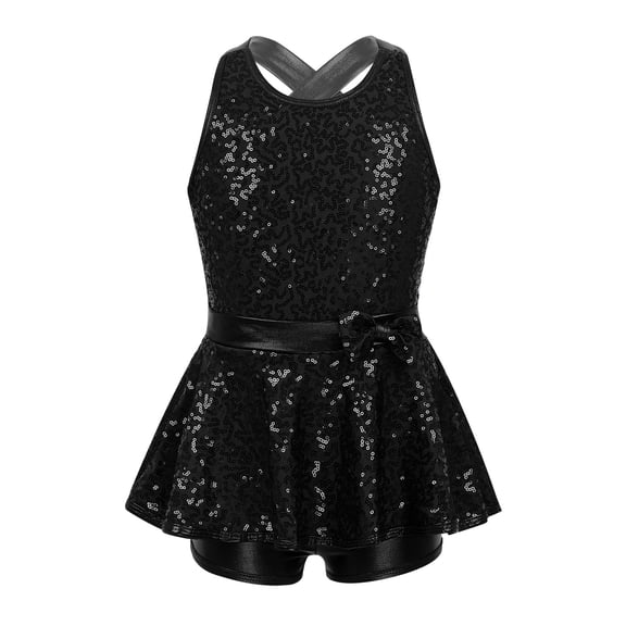 Miutii Kids Girls Shiny Sequins Gymnastic Unitard Cami Metallic Cutout Back Jumpsuit for Modern Dance Jazz Skating Black 6