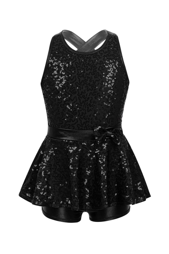 Kids Girls Shiny Sequins Gymnastic Unitard Cami Metallic Cutout Back Jumpsuit for Modern Dance Jazz Skating Black 6