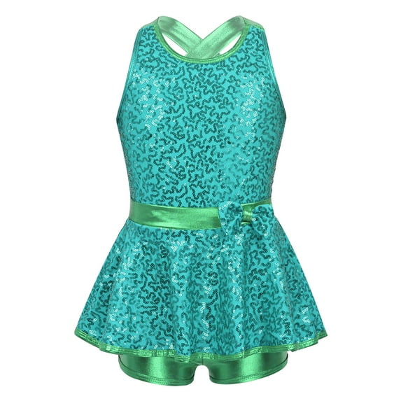 Miutii Kids Girls Shiny Sequins Gymnastic Unitard Cami Metallic Cutout Back Jumpsuit for Modern Dance Jazz Skating Lake Green 10