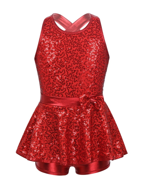 Kids Girls Shiny Sequins Gymnastic Unitard Cami Metallic Cutout Back Jumpsuit for Modern Dance Jazz Skating Red 6