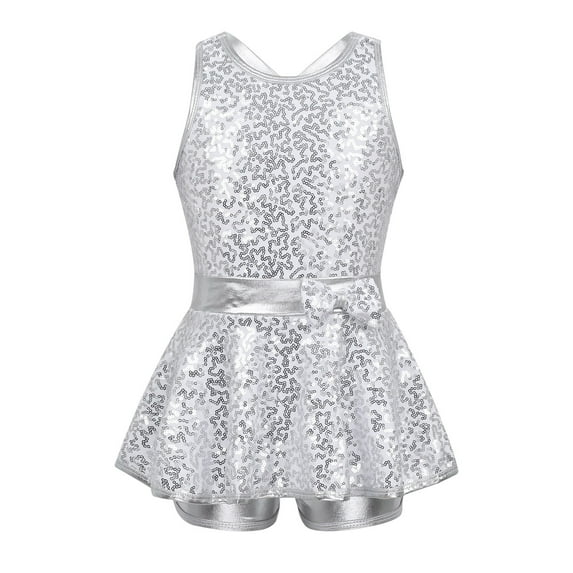 Miutii Kids Girls Shiny Sequins Gymnastic Unitard Cami Metallic Cutout Back Jumpsuit for Modern Dance Jazz Skating White 14