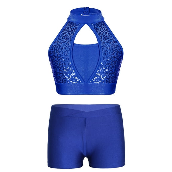 Miutii Kids Girls Shiny Sequins Halter Ballet Dance Crop Top with Booty Shorts Gymnastics Leotard Dance Tracksuit Royal Blue 10