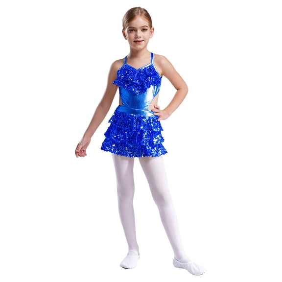 Miutii Kids Girls Shiny Sequins Salsa Samba Rumba Dance Costumes Sleeveless Cutout Metallic Latin Jazz Dancewear Blue 10