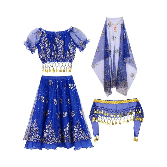 Miutii Kids Girls Short Puff Sleeve Belly Dance Crop Top with Skirt Waist Chain Headscarf and Headwear Set Blue 2-3