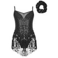 thumbnail image 1 of Miutii Kids Girls Sleeveless Latin Salsa Tango Ballet Fringed Tassel Dress Shiny Leotard with Headwear Black 6, 1 of 7